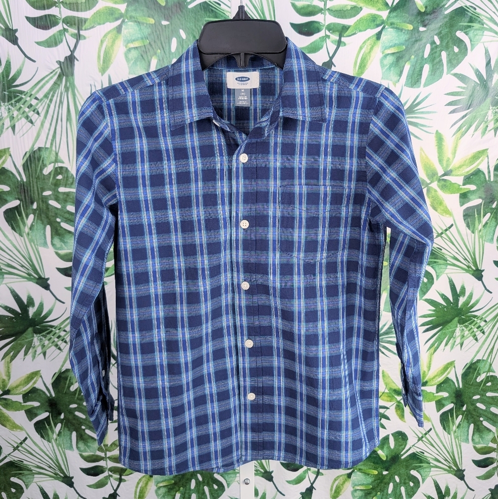 Old Navy Boys Blue Plaid Button Down Shirt (Size: Medium 8 Regular)